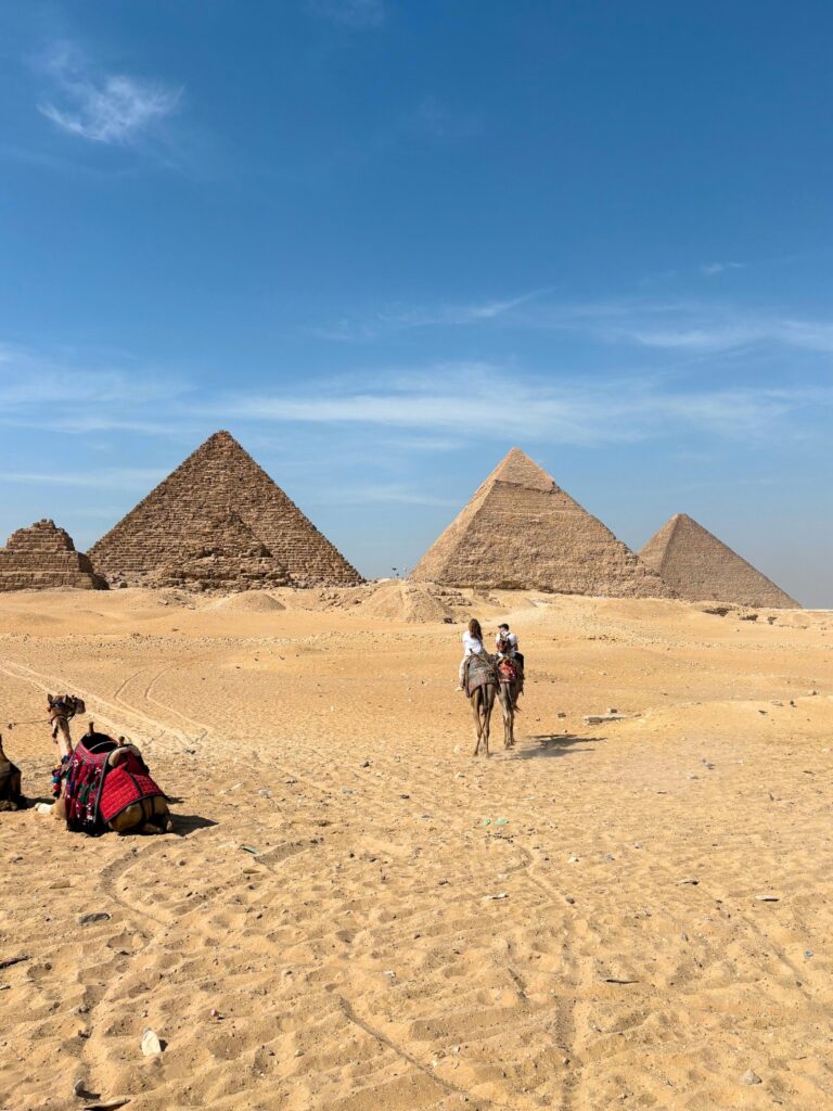 Pyramids of Giza in Egypt with camels 