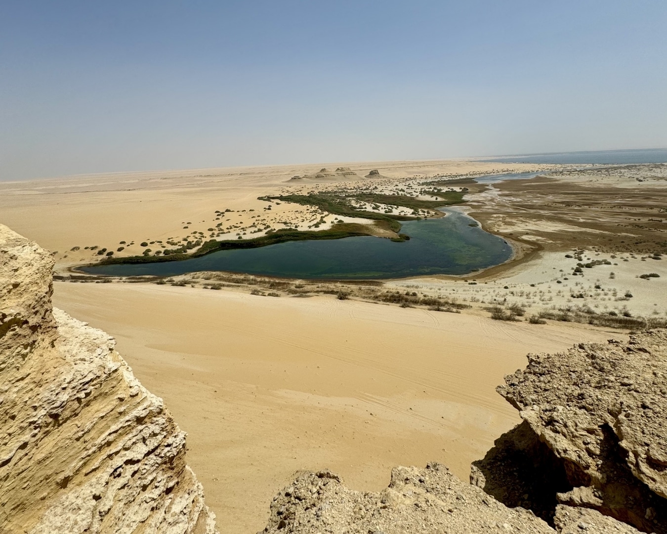 View of lake and desert landscape in Fayoum Oasis Egypt